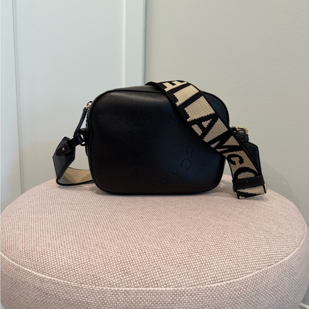 Stella McCartney Black Crossbody Bag with Tan Strap